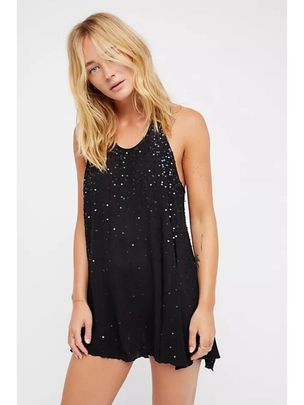 Free People Just Watch Me Slip Mini Dress in Black Sequins Gauzy size Medium